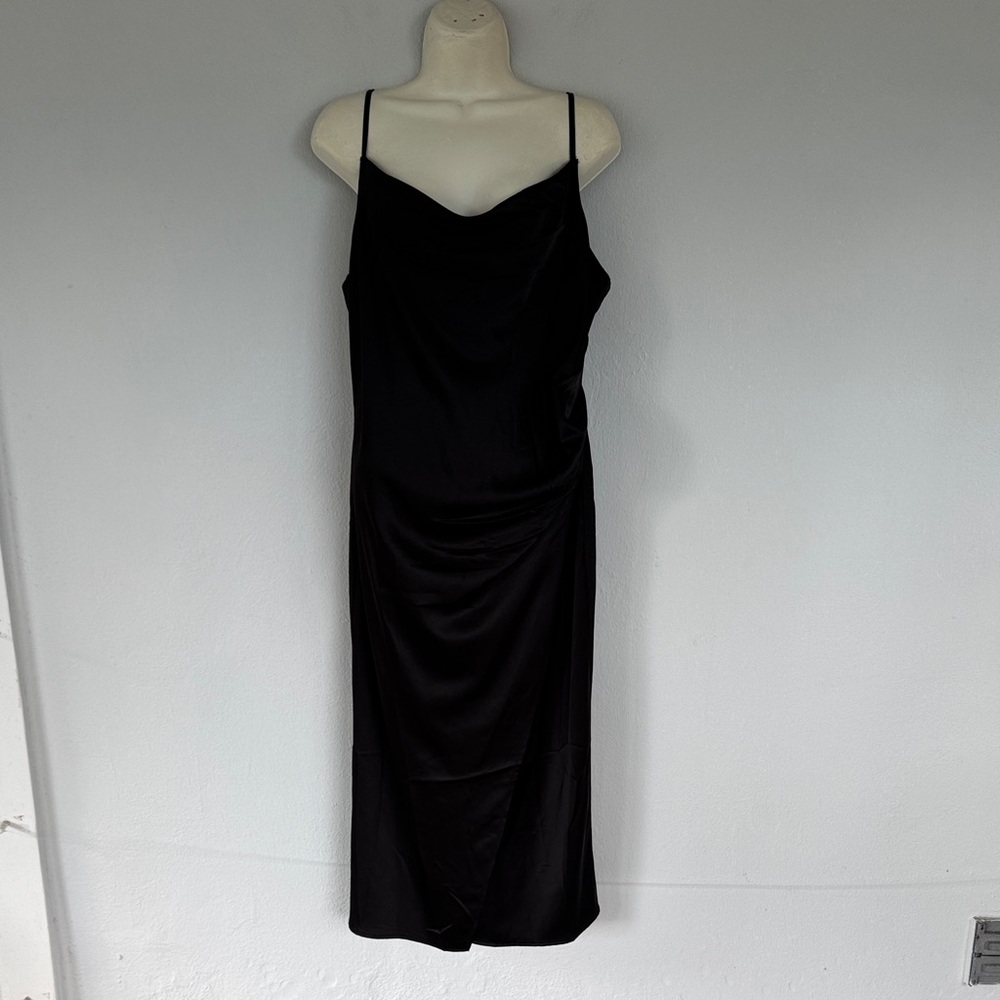 Lulus black satin spaghetti strap cowl neck midi length wrap slit dress XL - Picture 2 of 11